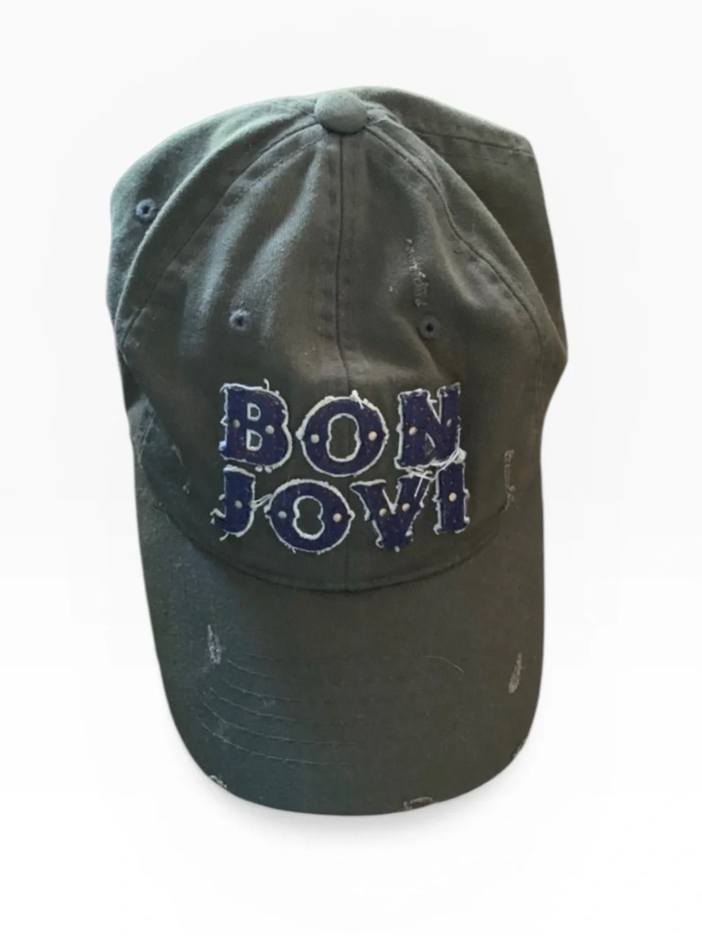 Bon Jovi 83 Army Green Navy Distressed Ball Cap - Picture 1 of 5